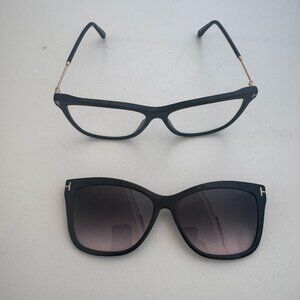 TOM FORD T5824-B 001 Black Cat Eye Eyeglasses 56-14-140 W/Clip On Sunglasses